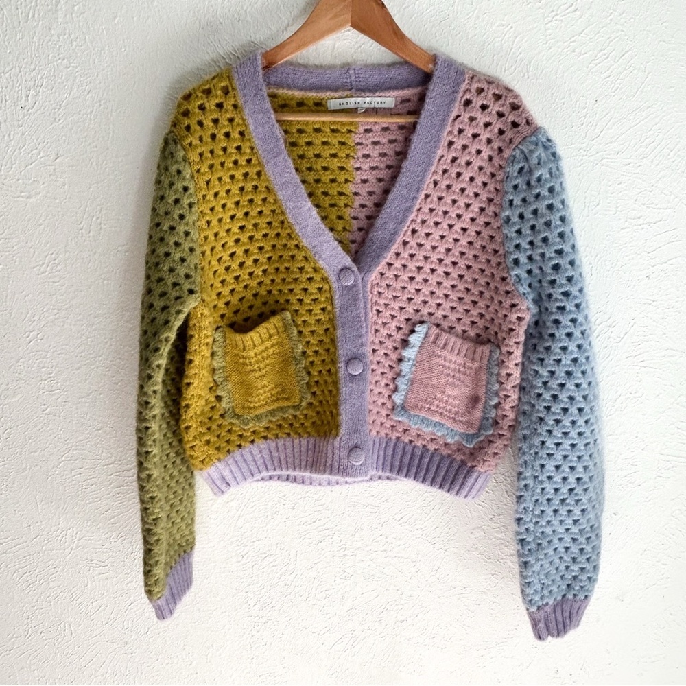 English Factory Contrast Detail Cardigan Medium Whimsical Colorblock Pastel - Picture 3 of 6